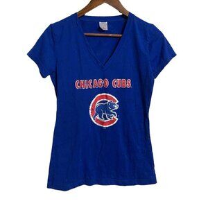 MLB Womens Blue Chicago Cubs Baseball Graphic Short Sleeve Vneck Shirt Mediium